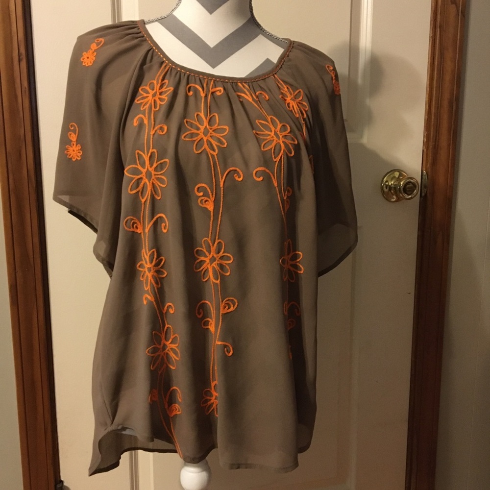 UMGEE brown and orange embroidered flowy top.